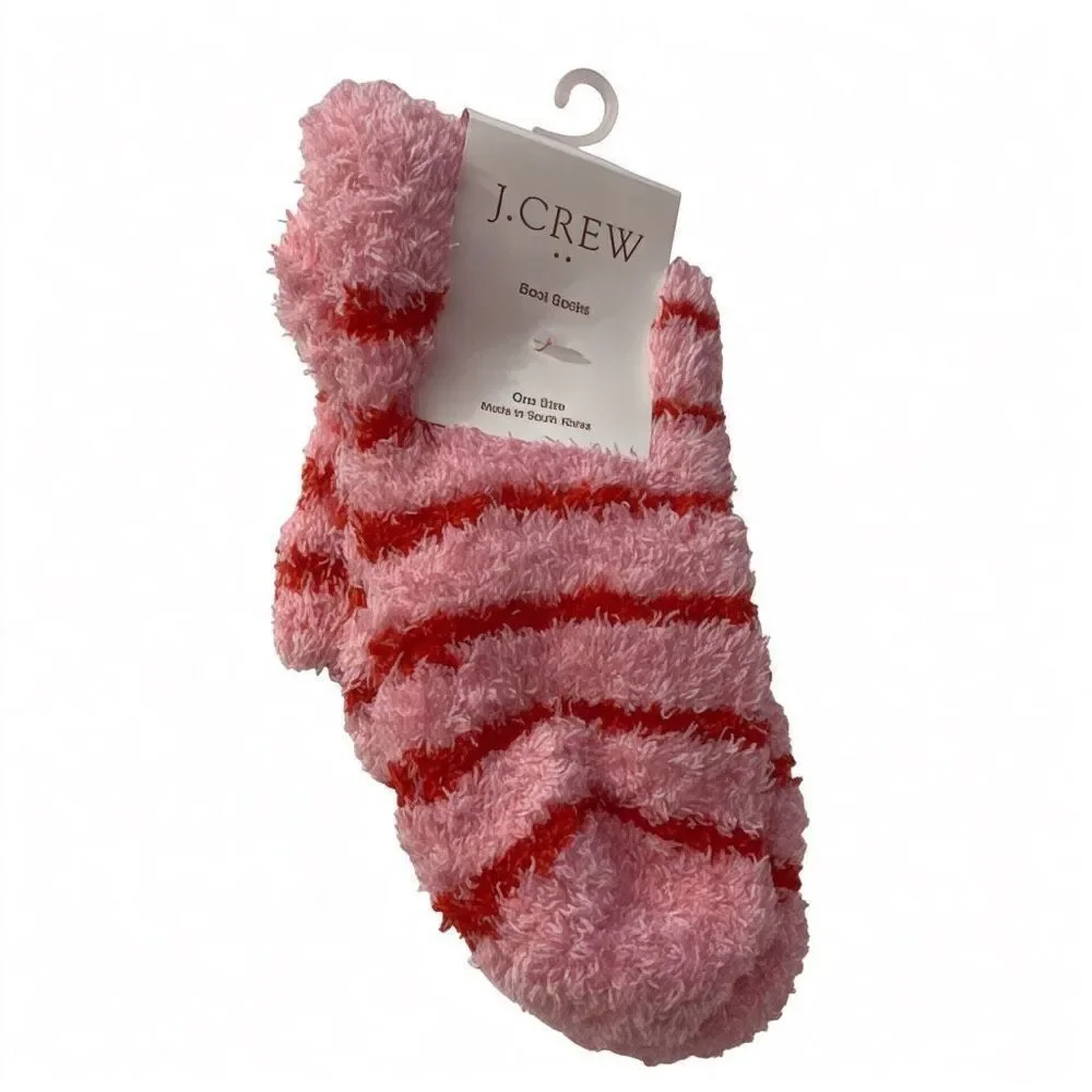 J. Crew in Resort Pink and Red Striped Cozy Boot Fuzzy Socks, New with Tags
